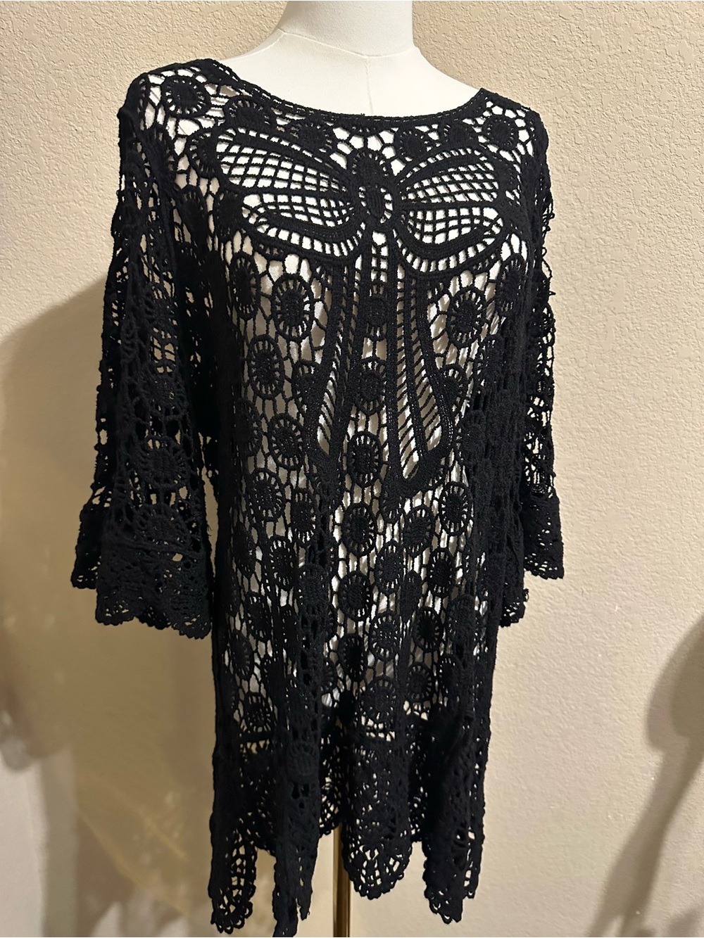 Size Xl ASHA Black Crochet Cover-Up Tunic / Swim Cover-Up